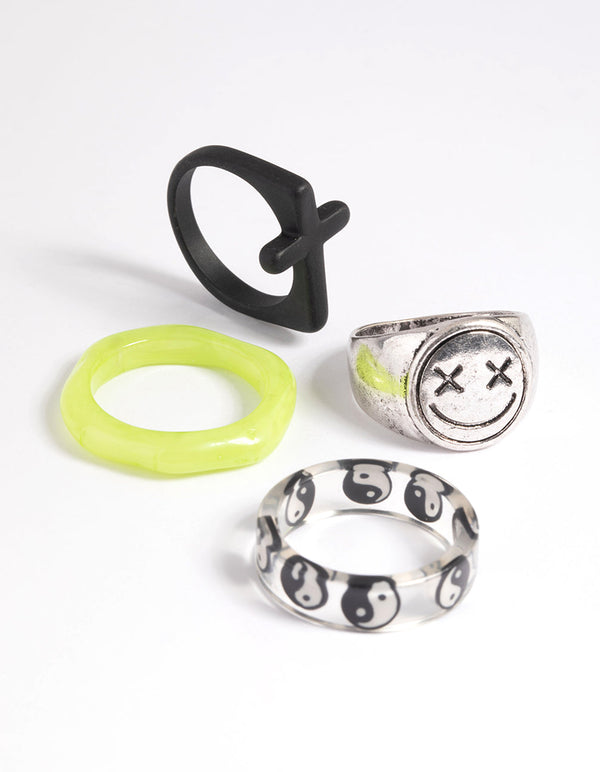 90s Cross & Smiley Face Ring Stack Pack