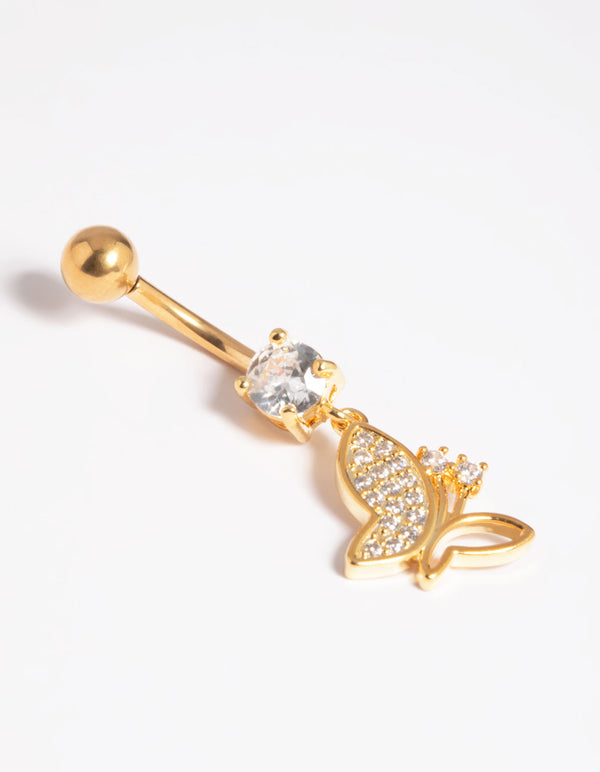 Gold Plated Titanium Threadless Pave Butterfly Belly Bar