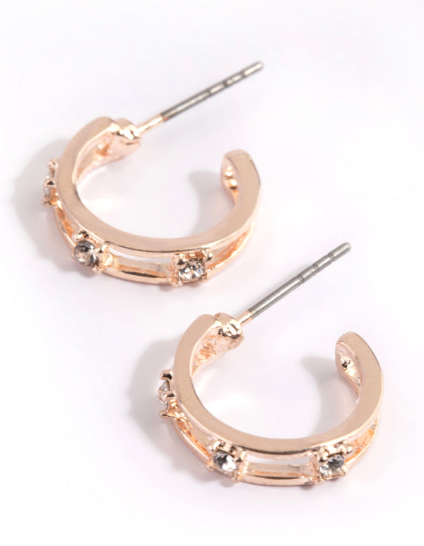 Rose Gold Diamante Huggie Hoop Earrings