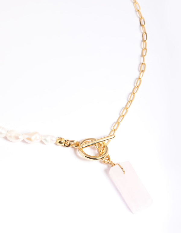 Gold Plated Rose Quartz & Freshwater Pearl Necklace