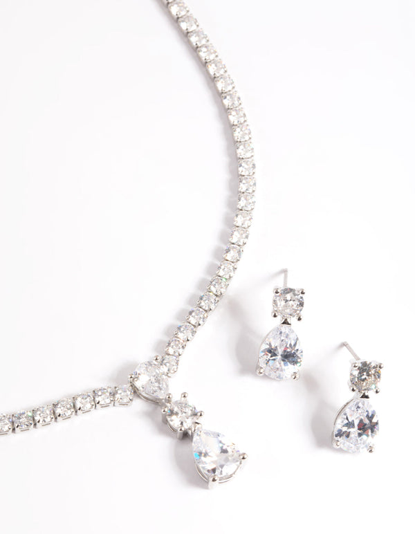 Rhodium Diamond Simulant Necklace & Earrings Set