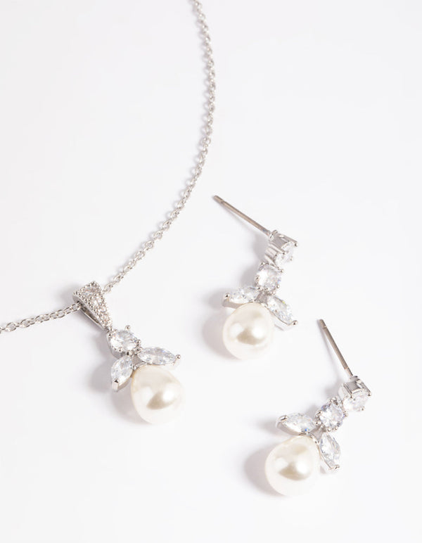 Rhodium Diamond Simulant Flower Pearl Necklace & Earrings Set
