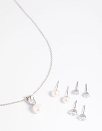 Rhodium Diamond Simulant Freshwater Pearl Necklace & Earrings Set - link has visual effect only