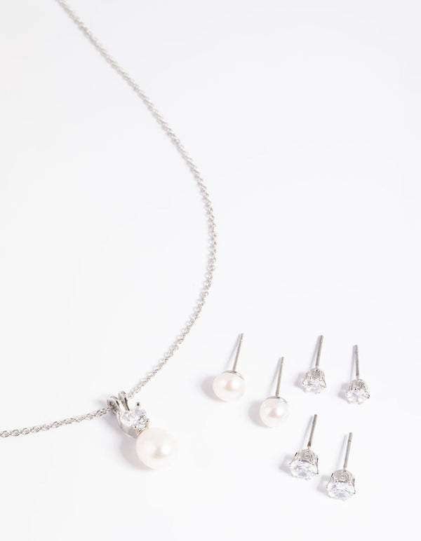 Rhodium Diamond Simulant Freshwater Pearl Necklace & Earrings Set