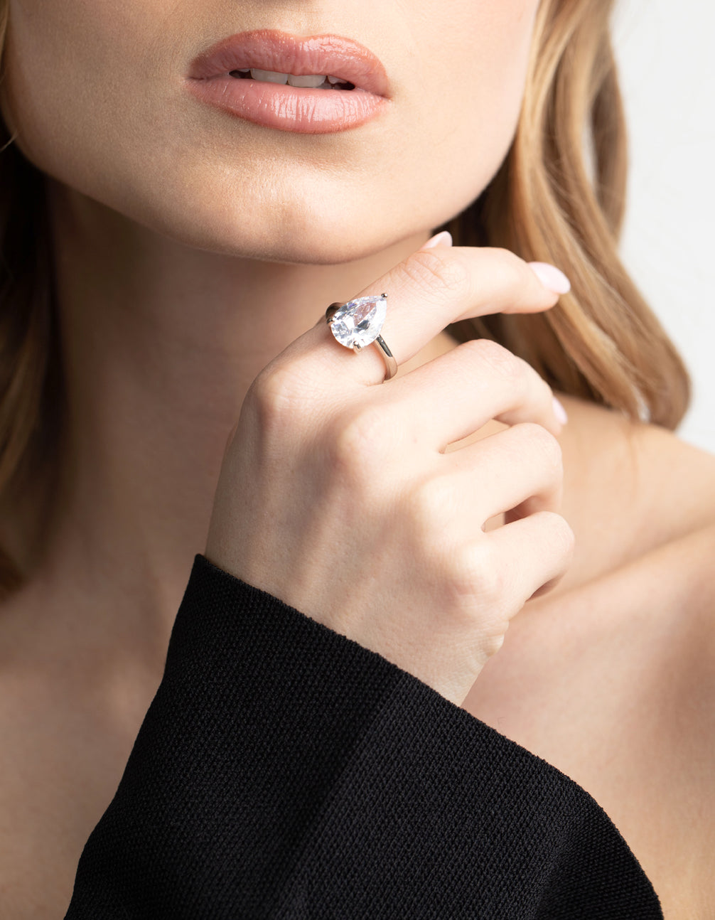 Rhodium Diamond Simulant Teardrop Ring