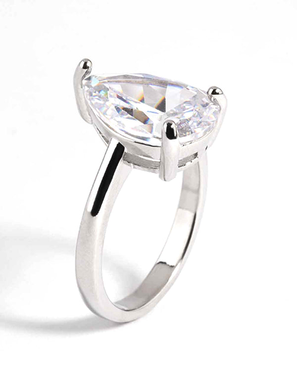 Rhodium Diamond Simulant Teardrop Ring