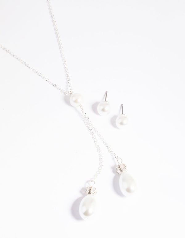 Silver Pearl Necklace & Earrings Set
