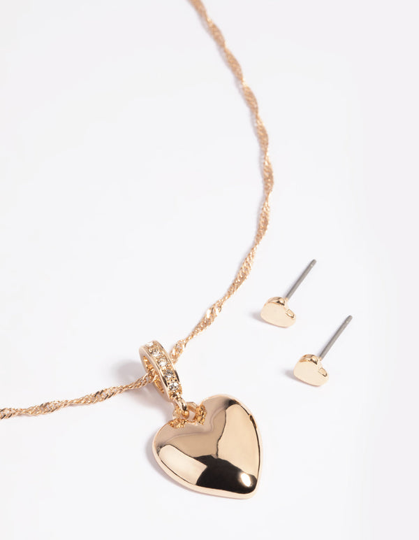 Gold Diamante Heart Necklace & Earrings Set
