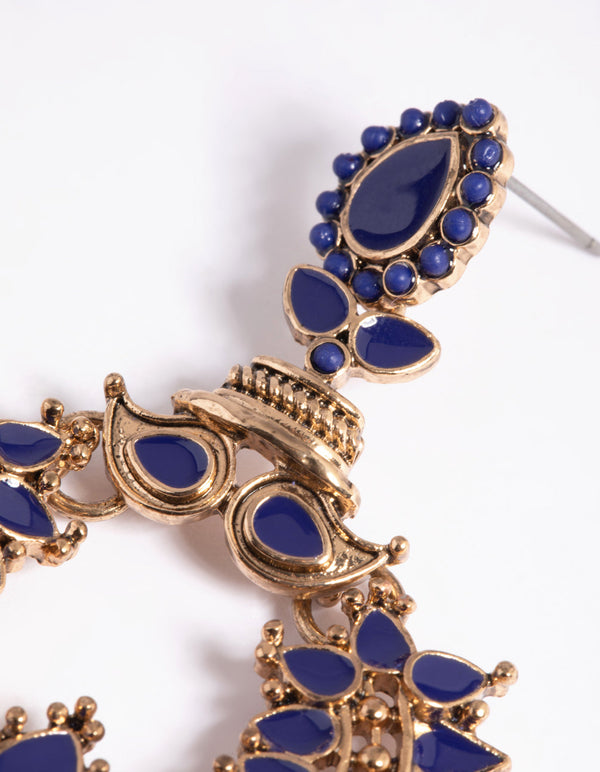 Blue Beaded Statement Fan Drop Earrings