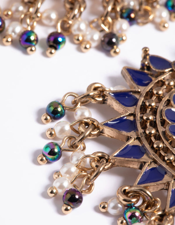 Blue Beaded Statement Fan Drop Earrings