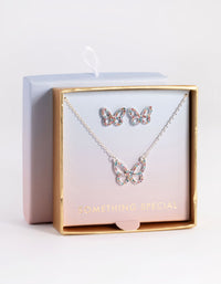 Silver Diamante Butterfly Necklace & Stud Earring Set - link has visual effect only