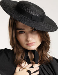 Black Ribbon Tie Braided Boater Hat - link has visual effect only