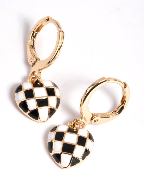 Gold Black & White Checkered Heart Huggie Earrings
