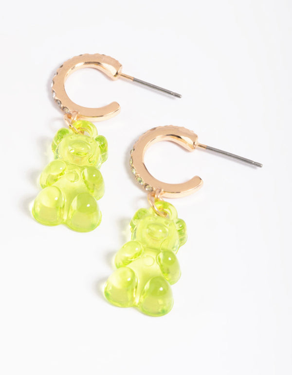 Gold Diamante Green Cute Bear Earrings