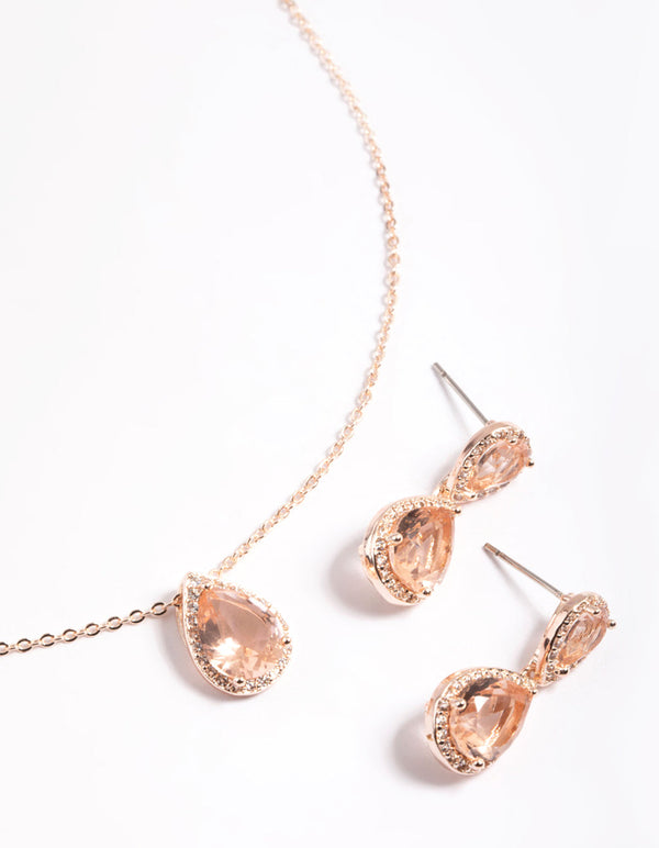 Diamond Simulant Rose Gold Double Teardrop Necklace & Earring Set