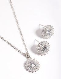 Rhodium Diamond Simulant Halo Studs & Necklace - link has visual effect only