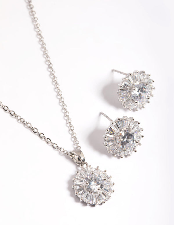 Rhodium Diamond Simulant Halo Studs & Necklace