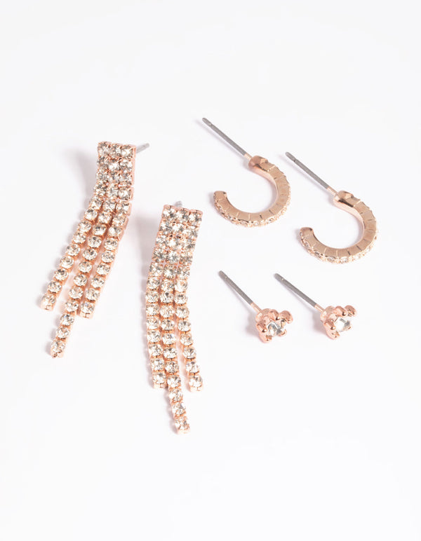 Rose Gold Diamante Stud & Hoop Earrings Pack