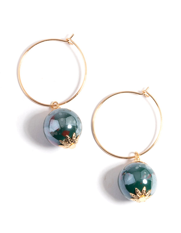 Gold Ceramic Bead Wire Hoop Earrings