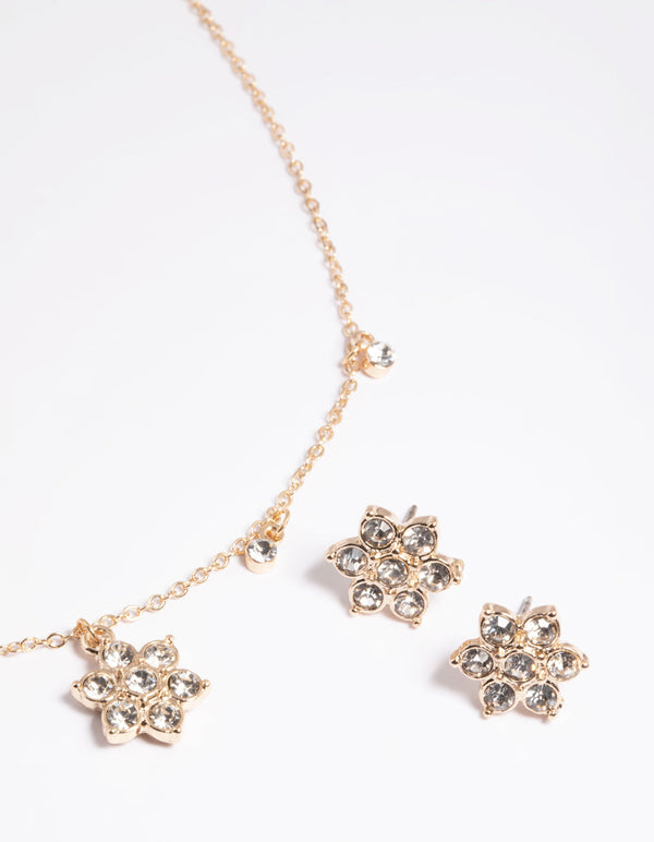 Gold Flower Droplet Necklace & Earrings Set