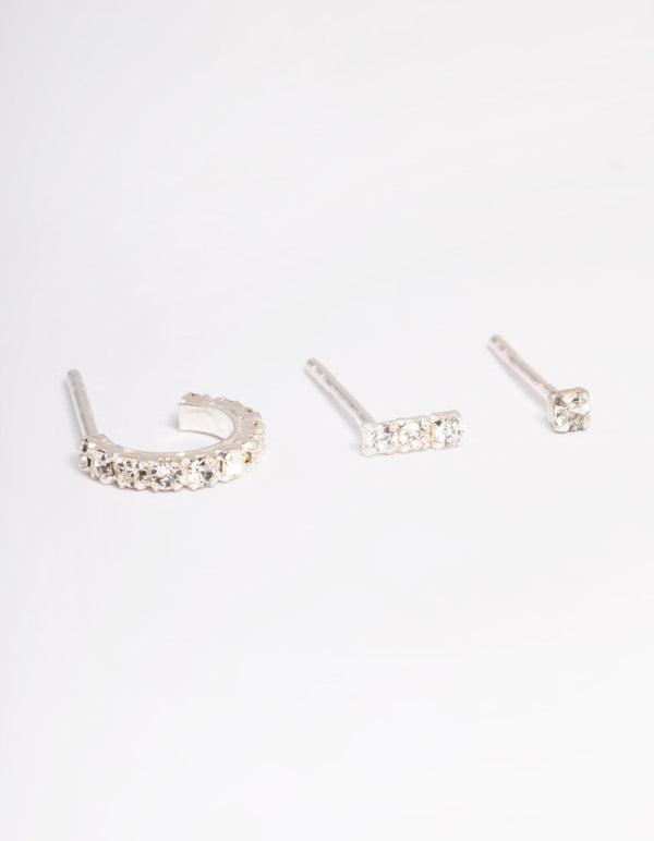 Sterling Silver Cubic Zirconia Curve Earring Stud Pack