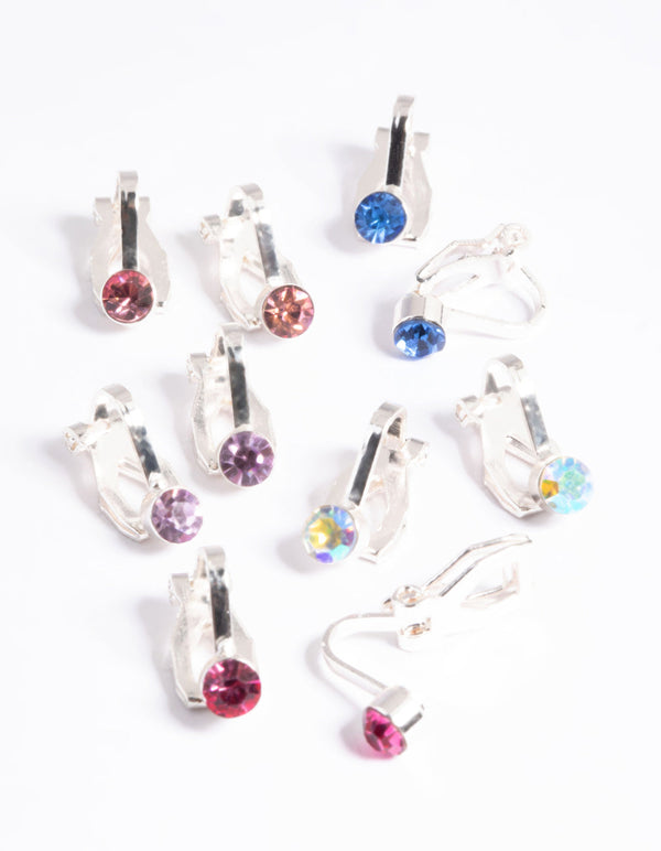 Kids Silver Basic Diamante Clip On Earring 5-Pack