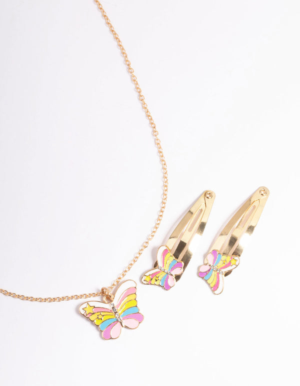 Kids Rainbow Butterfly Necklace & Hair Clip