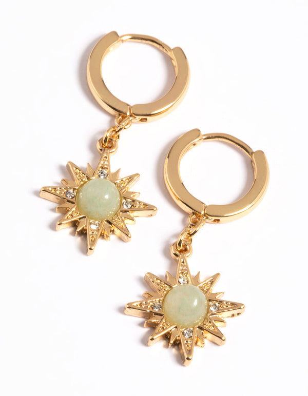 Gold Plated Green Semi Precious Sun Earrings