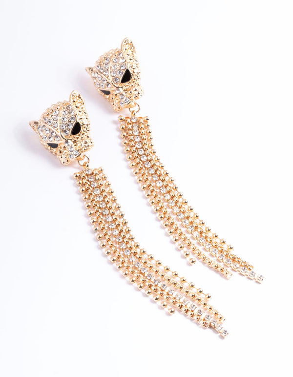 Gold Diamante Panther Cupchain Earrings