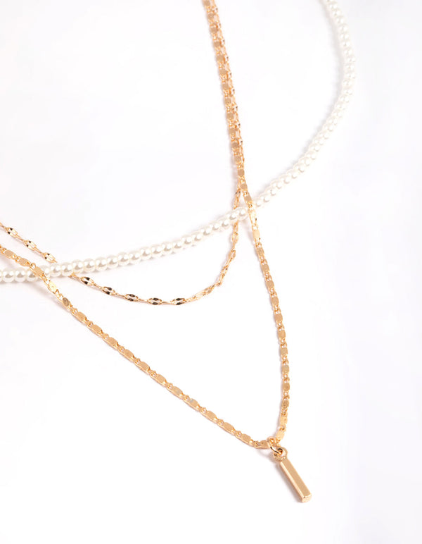 Gold Pearly Mix Chain 3 Row Necklace