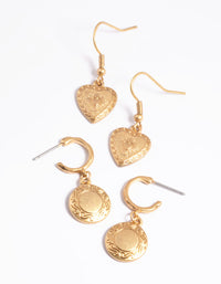 Worn Gold Antique Heart & Disc Earrings Pack - link has visual effect only