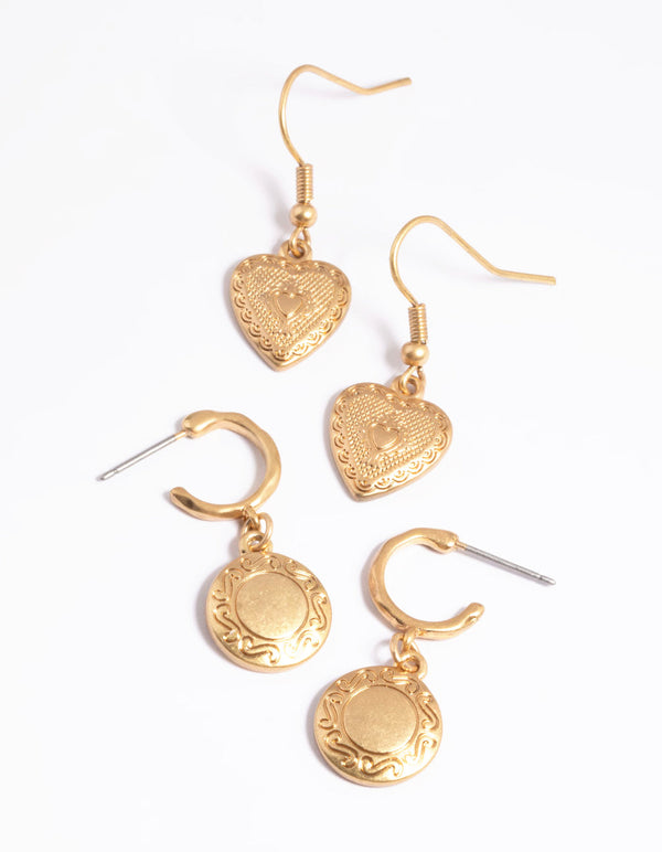 Worn Gold Antique Heart & Disc Earrings Pack