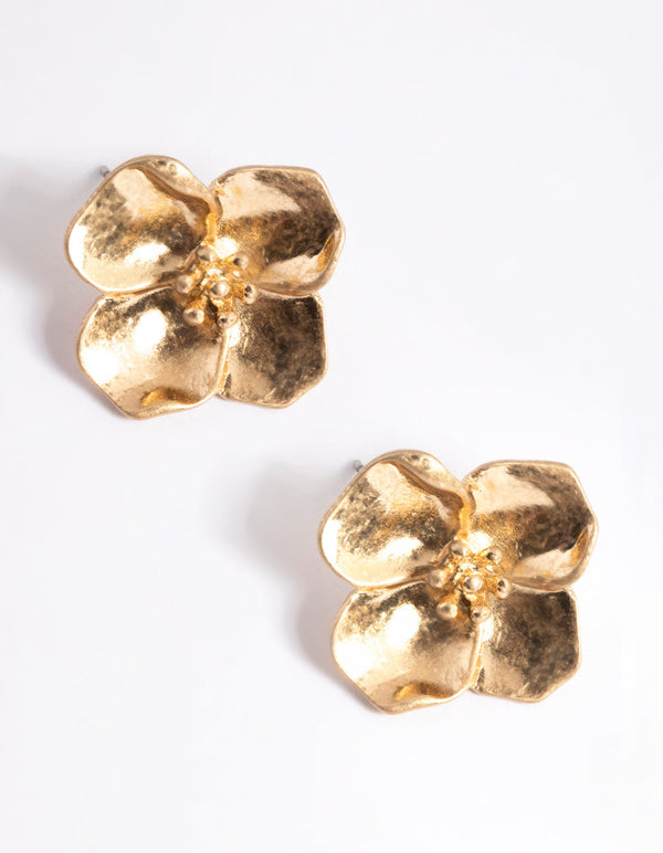 Worn Gold Flower Clip On Earrings