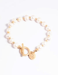 Worn Gold Freshwater Pearl & Bead Fob Bracelet - link has visual effect only