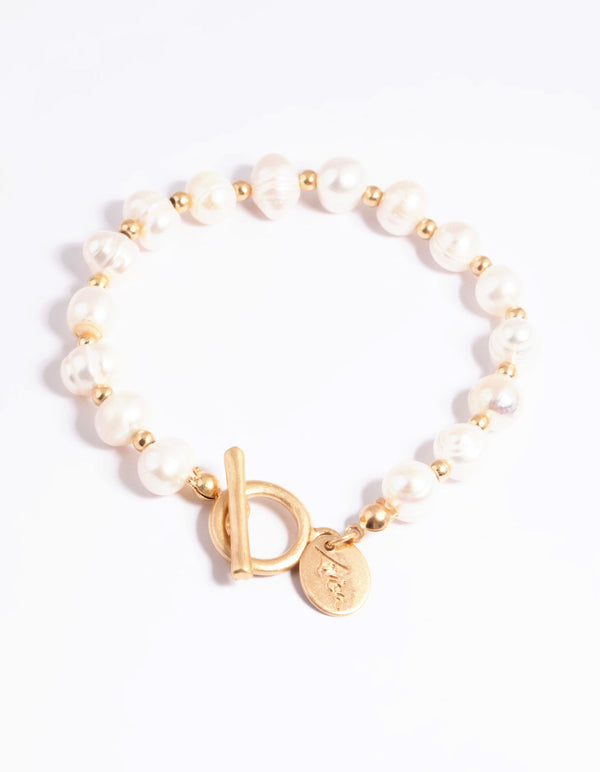 Worn Gold Freshwater Pearl & Bead Fob Bracelet