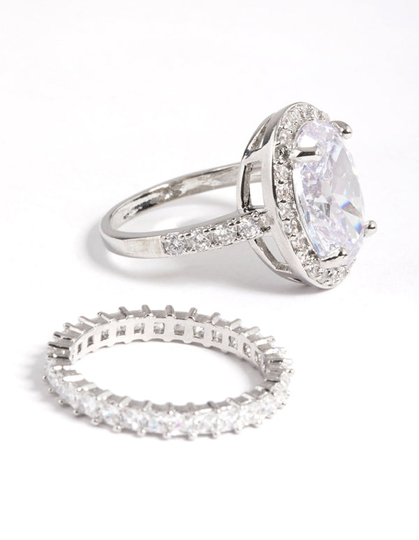Diamond Simulant Silver Large Oval Halo Ring Pack