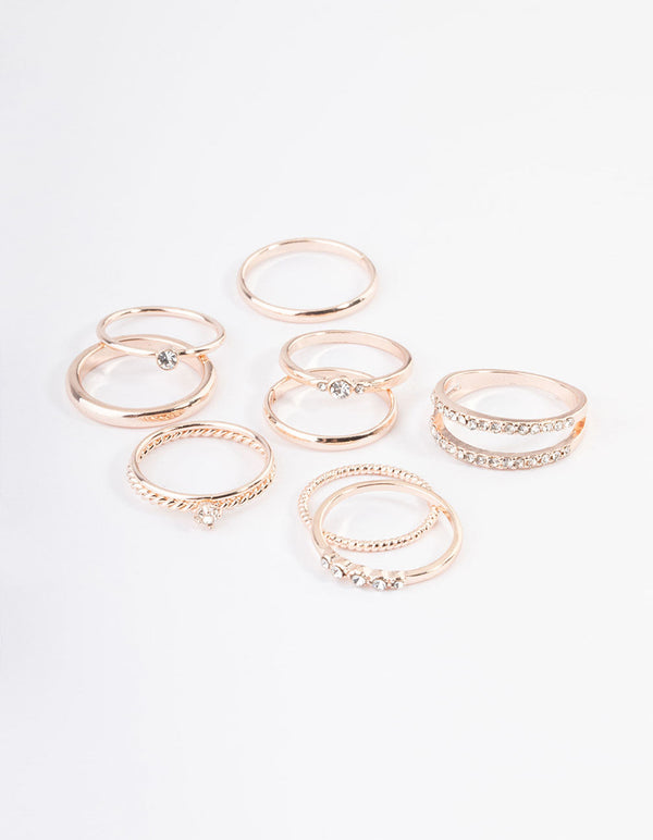 Rose Gold Mixed Diamante Band Ring Pack