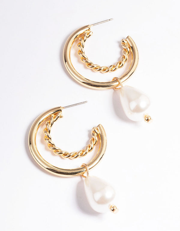 Gold Plain & Twist Pearl Hoop Earrings