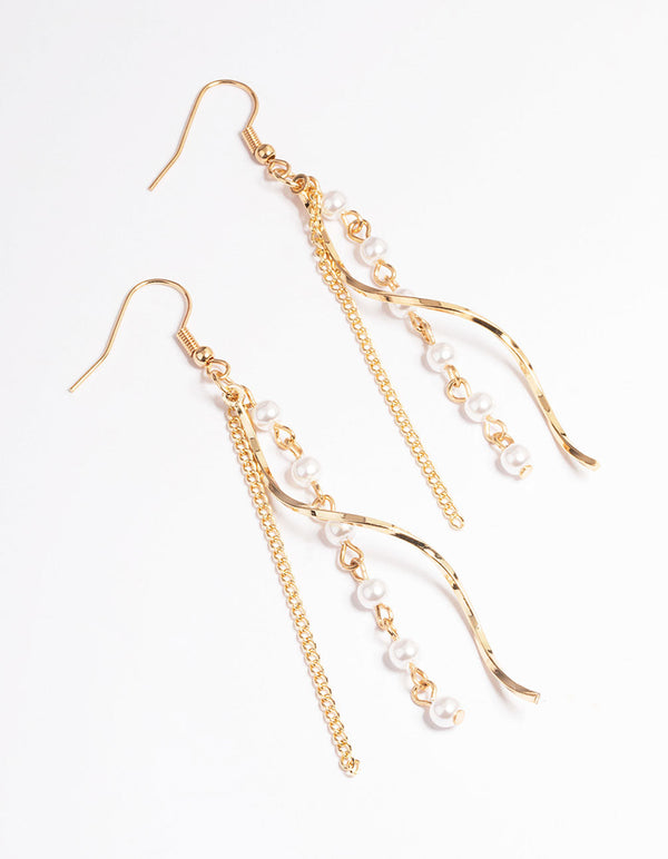 Gold Pearl Chain Spiral Drop Earrings