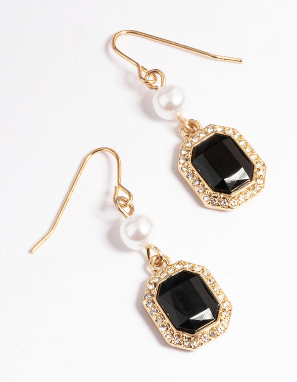 Gold Black Diamante & Pearl Radiant Drop Earrings