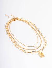 Gold Plated Stainless Steel Pearl Pendant Statement Layered Necklace - link has visual effect only