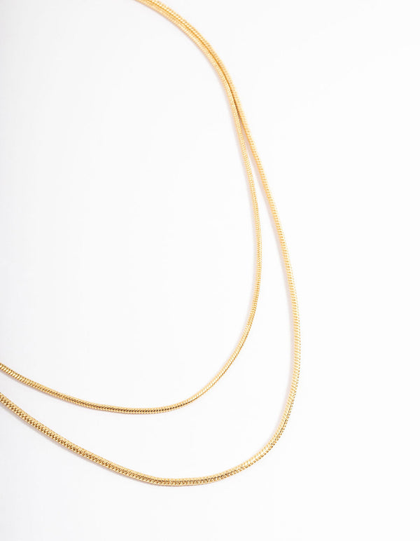 Gold Plated Stainless Steel Thin Herringbone Two Layered Necklace
