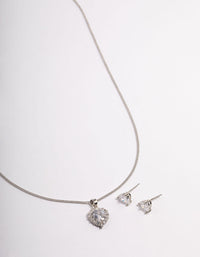 Rhodium Cubic Zirconia Halo Heart Earrings & Necklace Set - link has visual effect only