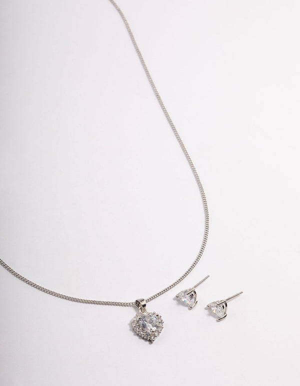 Rhodium Cubic Zirconia Halo Heart Earrings & Necklace Set