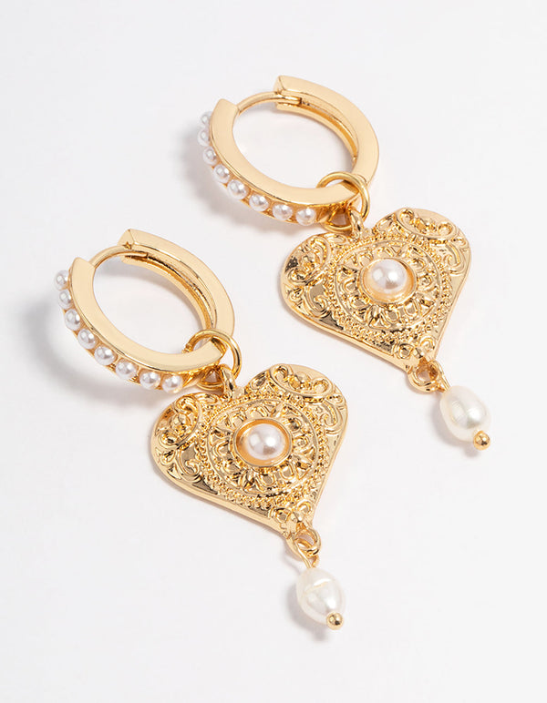 Gold Plated Detailed Freshwater Pearl & Heart Drop Huggie Earrings