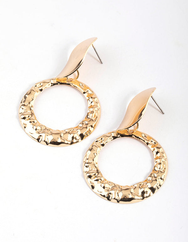 Gold Textured Door Knocker Drop Earrings