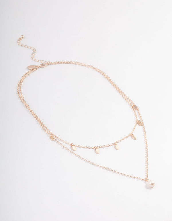 Rose Gold Freshwater Pearl Double Layer Disc Necklace