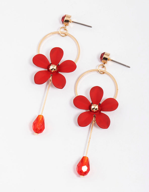 Red Diamante Circle Flower Drop Earrings