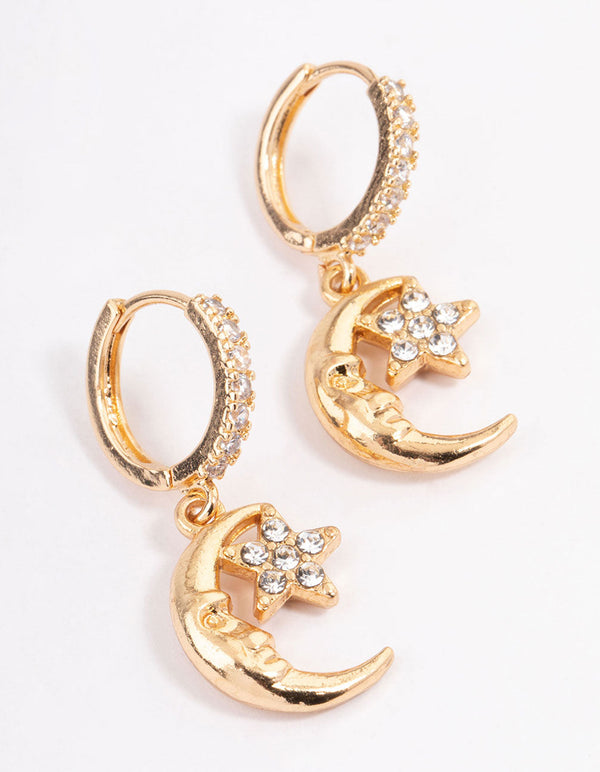 Gold Moon Face Star Huggie Earrings