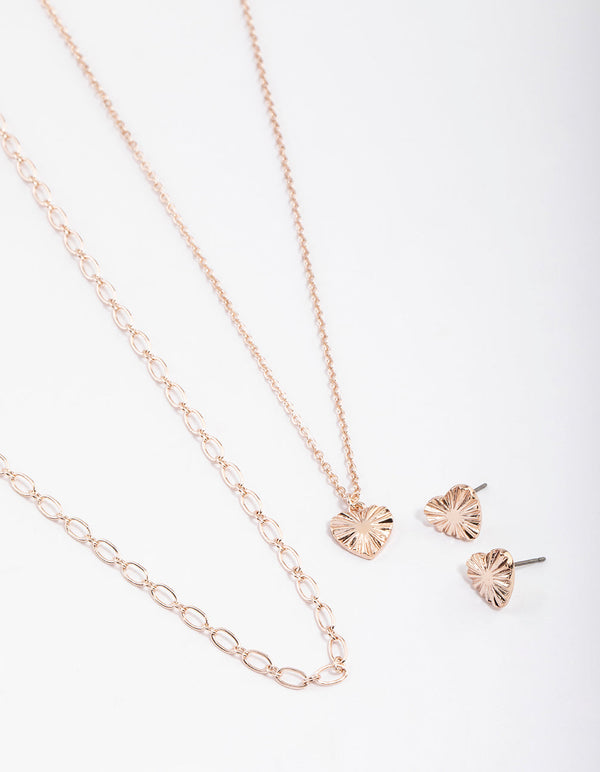 Rose Gold Heart Rays Layered Necklace & Earrings Set